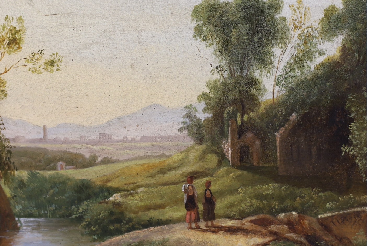 19th century English School, oil on card, Italianate landscape with watercarriers in the foreground, ruins beyond, 11.5 x 16.5cm
